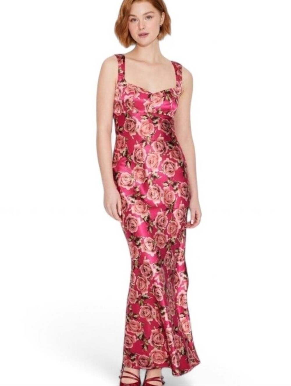 Wild Fable Hot Pink Floral Satin Sleeveless Maxi Slip Dress Size Medium